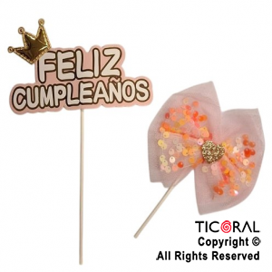 CAKE TOPPER CON 1 MOO FELIZ CUMPLEAOS ROSA